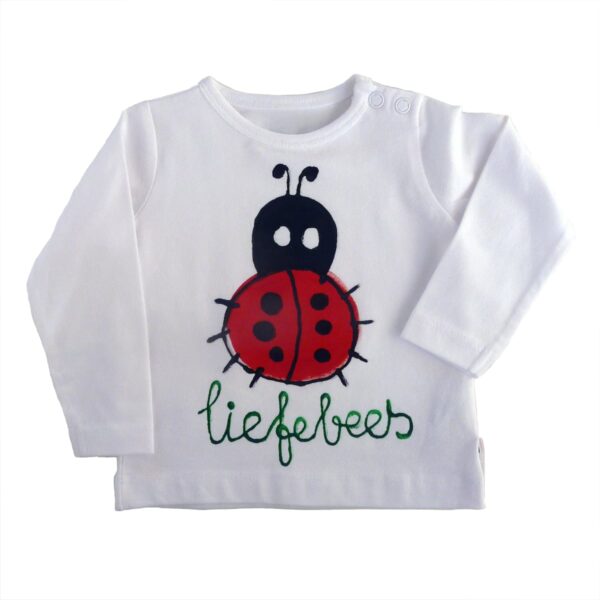 Uniek handbeschilderd Liefebees t-shirt met lieveheersbeestje – kraamcadeau voor baby’s en voor kinderen of volwassenen