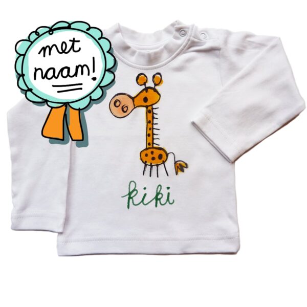 T-shirt Sjiraf, handbeschilderd met een giraf, gepersonaliseerd met eigen naam, voor baby's, kinderen en grote mensen